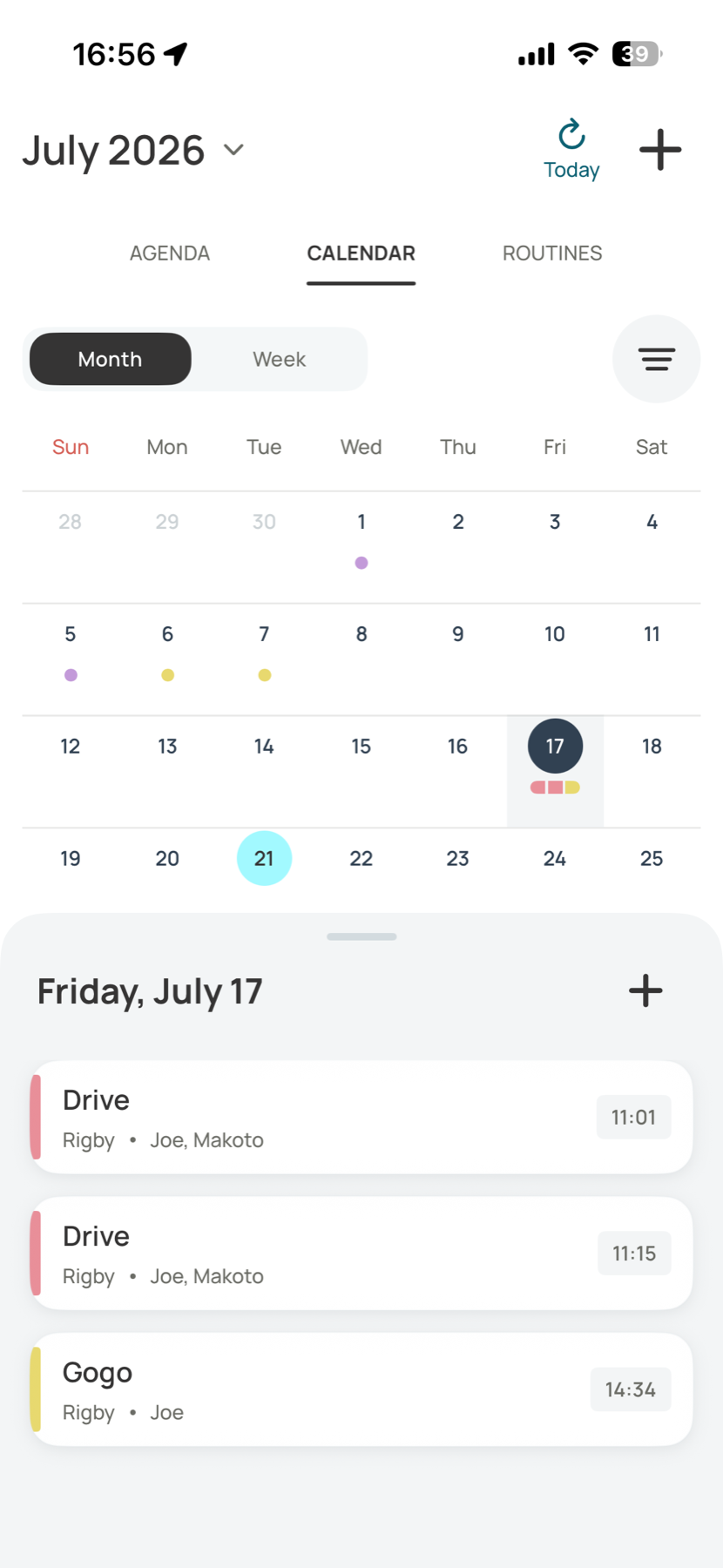 Voffi monthly pet care calendar with dated items and an agenda panel