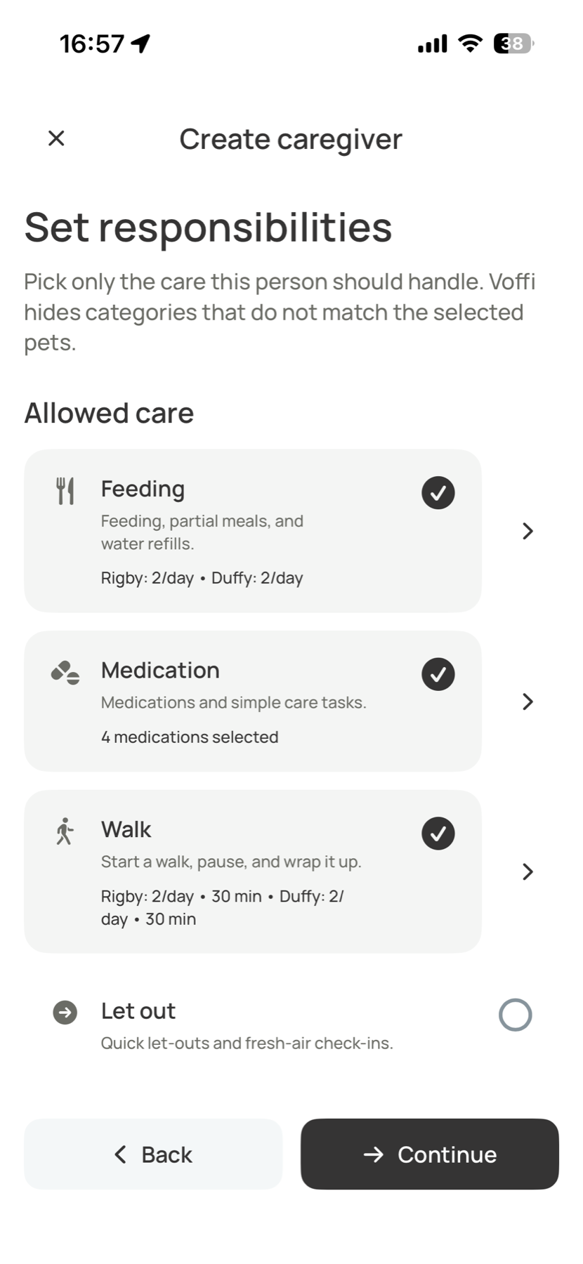 Voffi caregiver screen with selected feeding, medication, and walking responsibilities