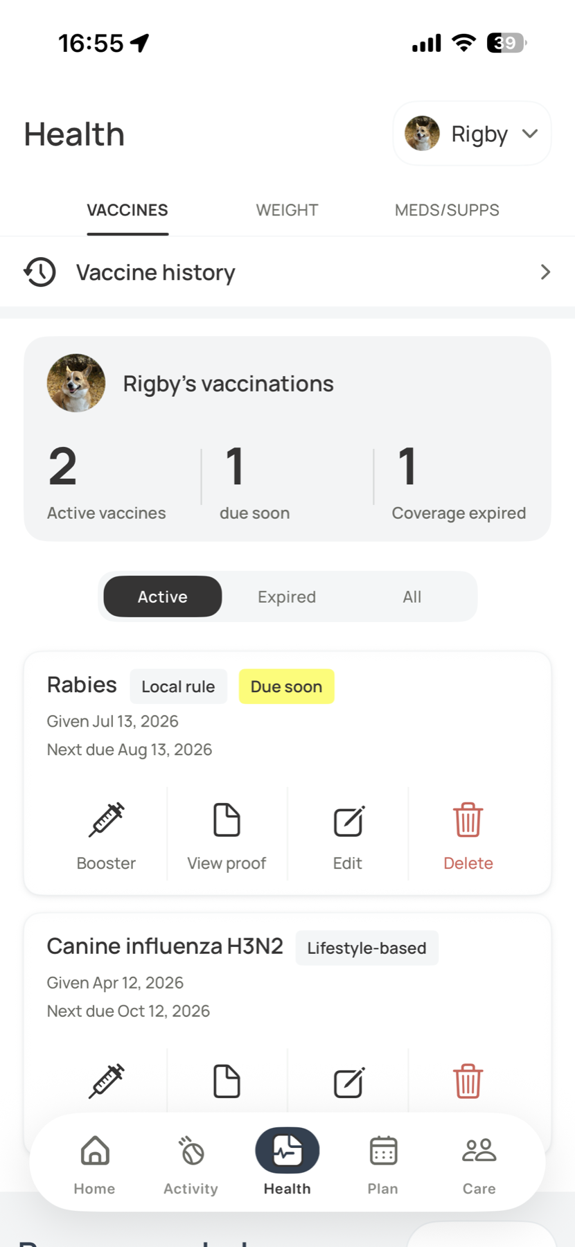 Voffi vaccine history showing active, due-soon, and expired coverage states