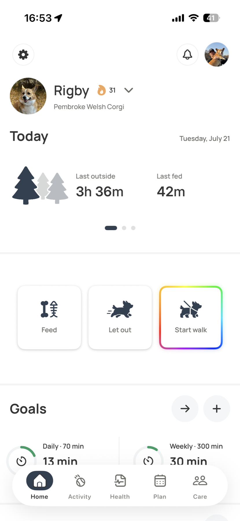Voffi Home showing a pet profile, recent care times, quick actions, and goals