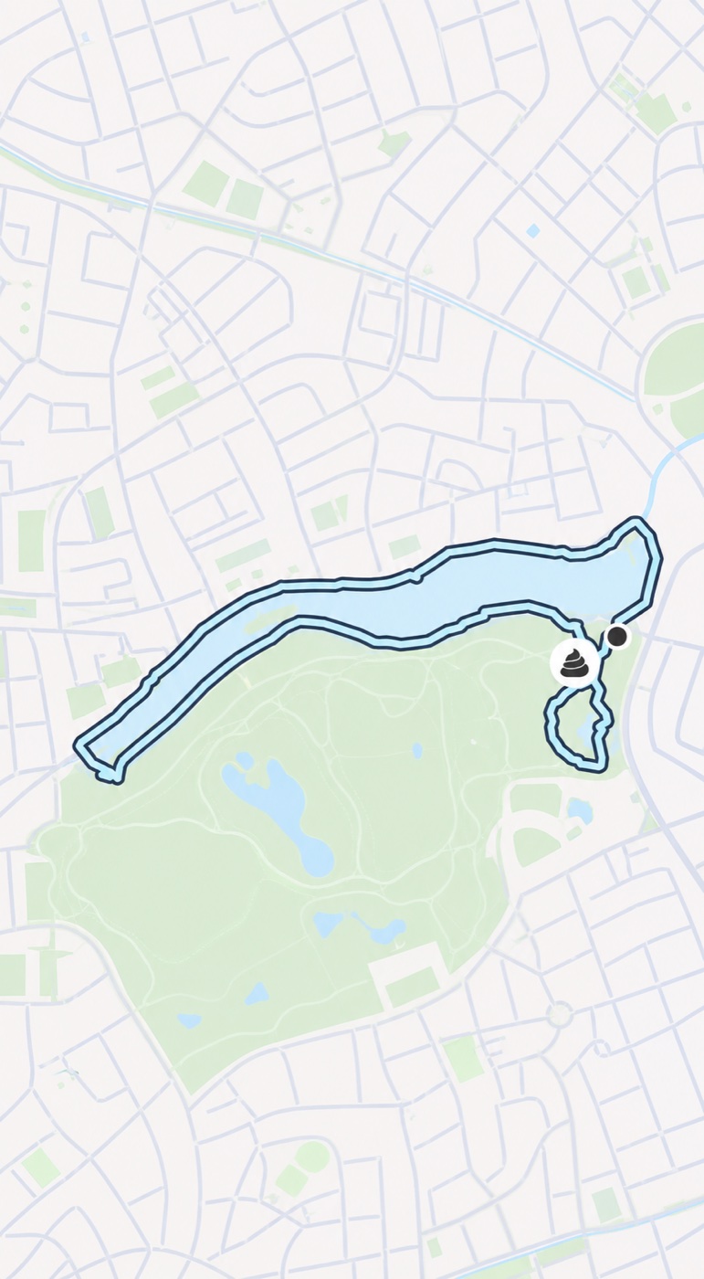 Privacy-safe fictional map showing an aqua Voffi dog walk route around a park